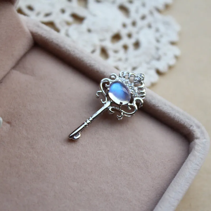 Key Shaped Moonstone Pendant Necklace White Gold Plated Silver Handmade Gemstone Jewelry Women