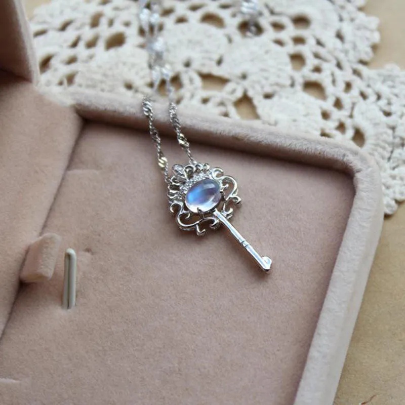 Key Shaped Moonstone Pendant Necklace White Gold Plated Silver Handmade Gemstone Jewelry Women