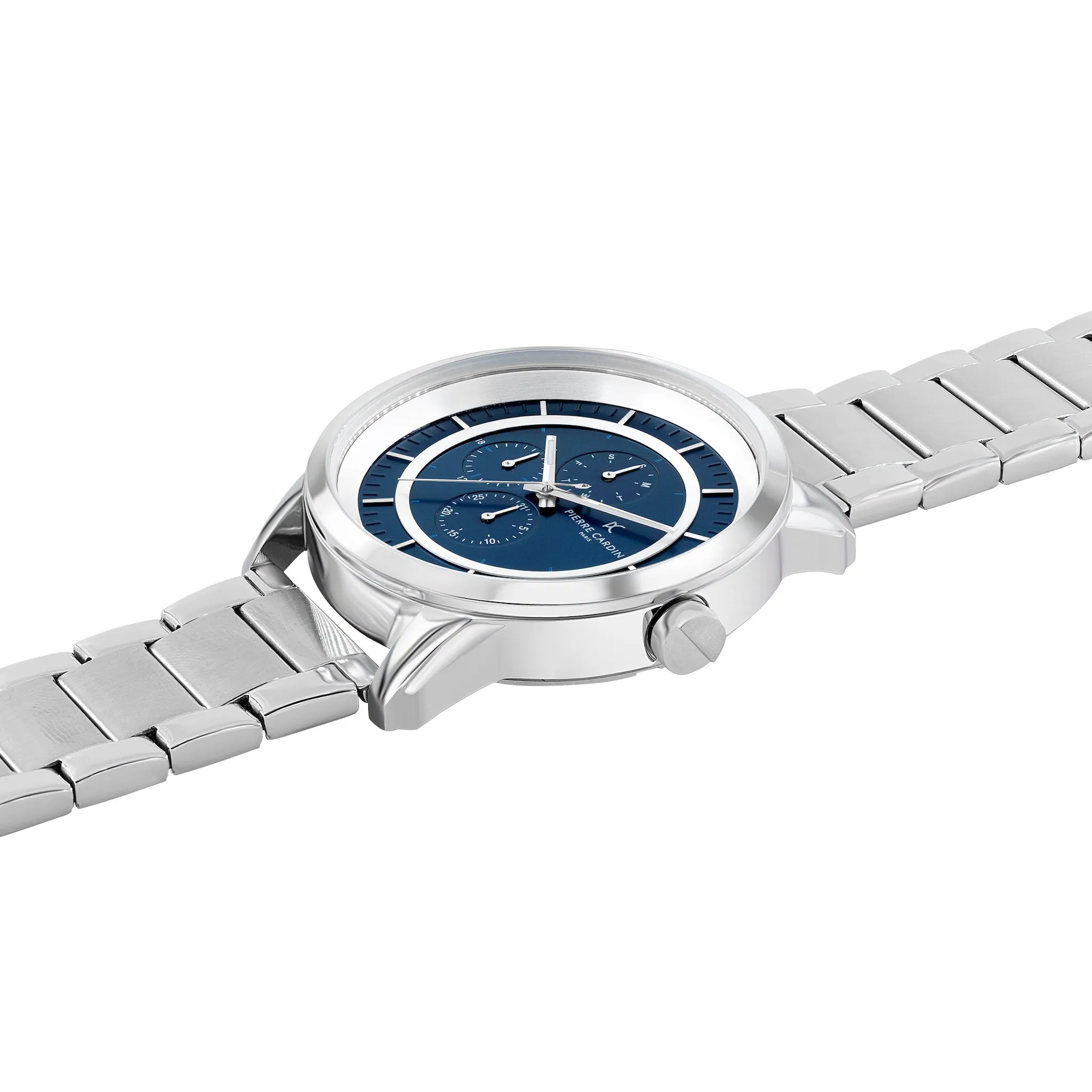 Les Halles Blue Dial Silver Multifunction Watch with Silver Metal Links Strap