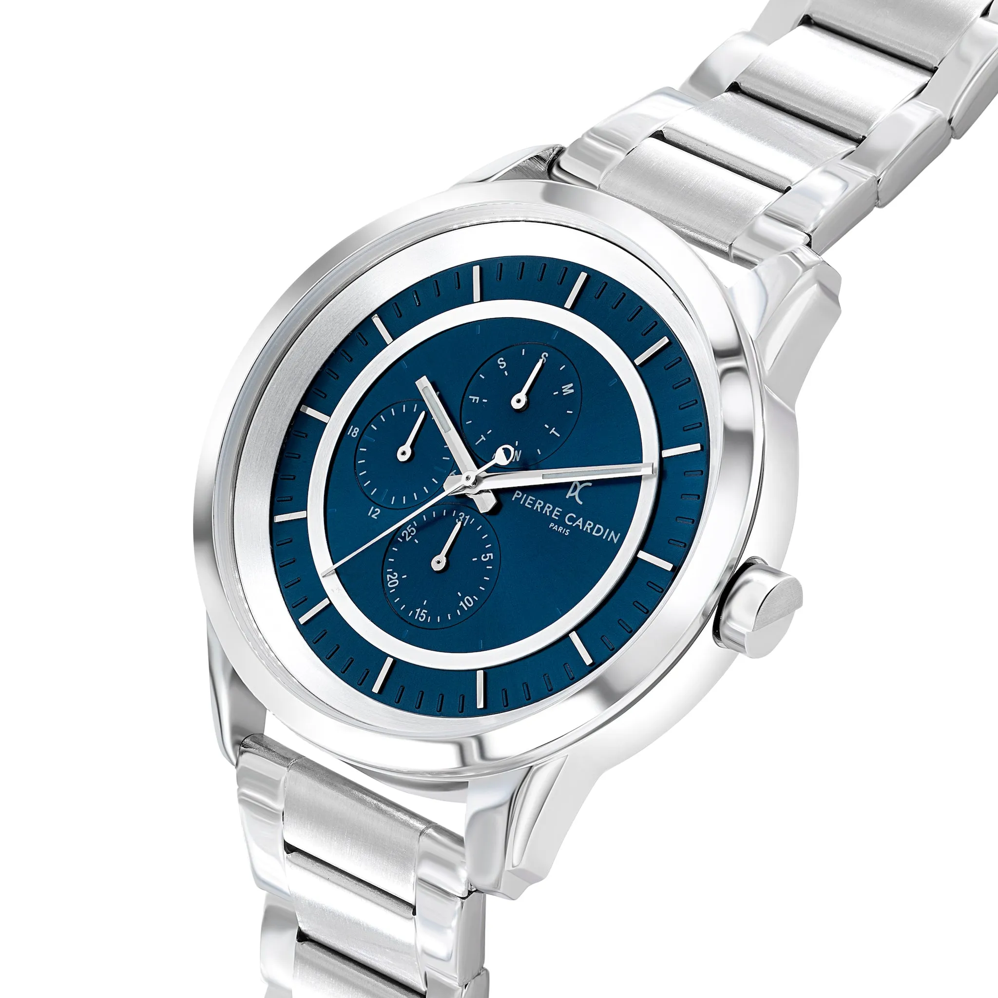 Les Halles Blue Dial Silver Multifunction Watch with Silver Metal Links Strap