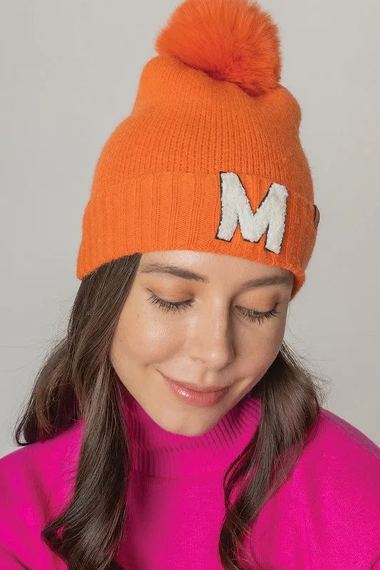 Letter M Chenille Patch Faux Fur Pom Knit Beanie