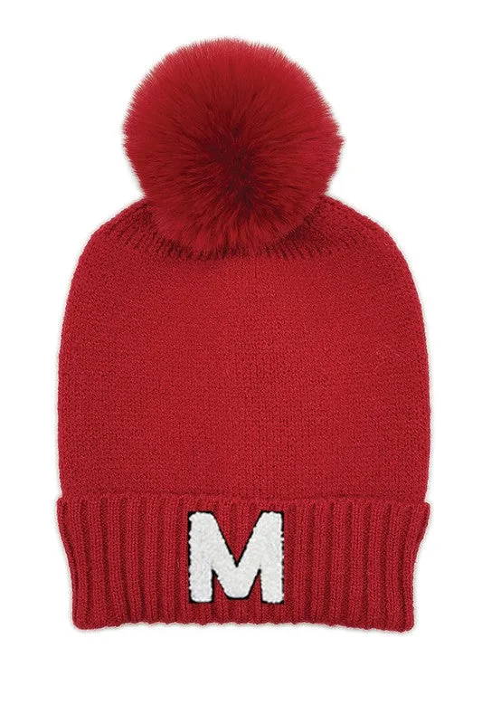 Letter M Chenille Patch Faux Fur Pom Knit Beanie