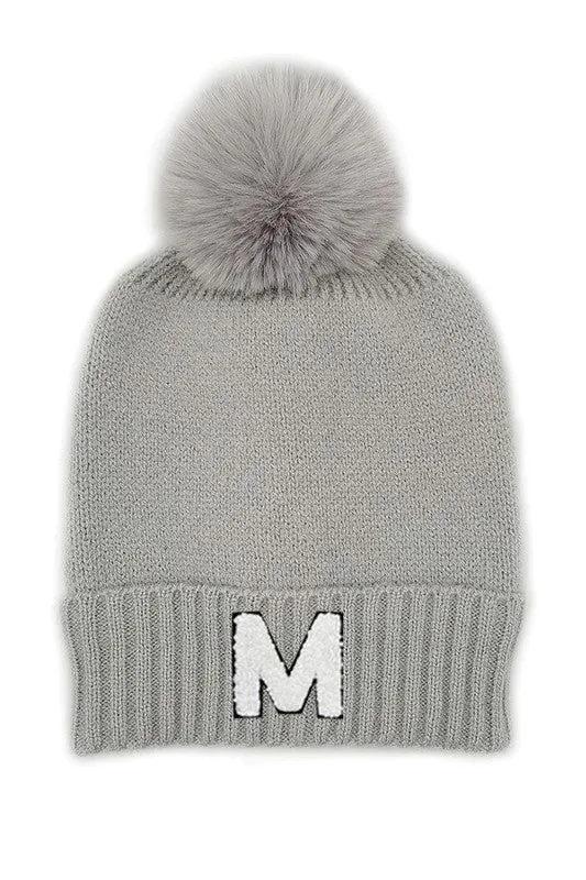 Letter M Chenille Patch Faux Fur Pom Knit Beanie