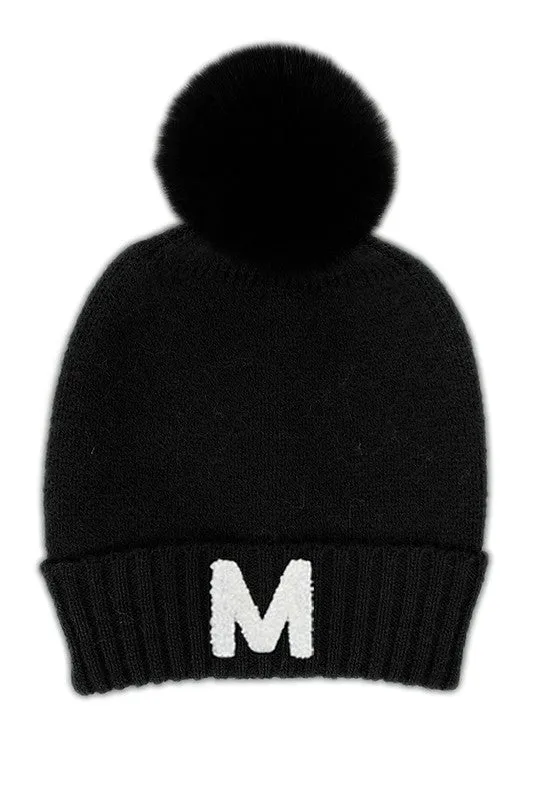 Letter M Chenille Patch Faux Fur Pom Knit Beanie