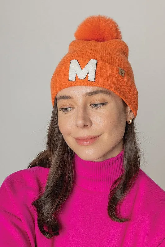Letter M Chenille Patch Faux Fur Pom Knit Beanie
