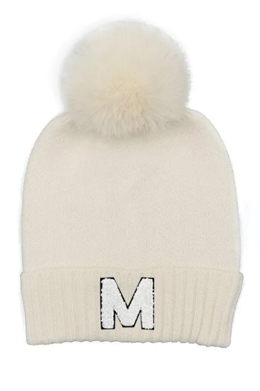 Letter M Chenille Patch Faux Fur Pom Knit Beanie