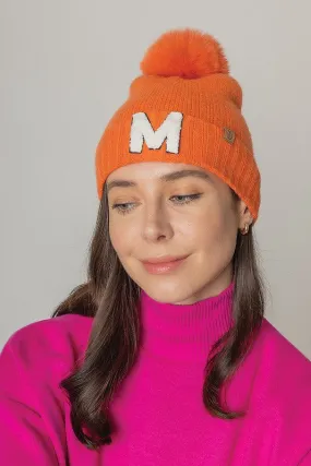 Letter M Chenille Patch Faux Fur Pom Knit Beanie