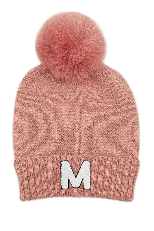 Letter M Chenille Patch Faux Fur Pom Knit Beanie