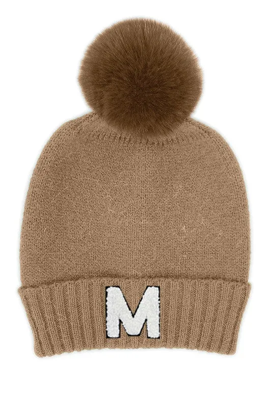 Letter M Chenille Patch Faux Fur Pom Knit Beanie