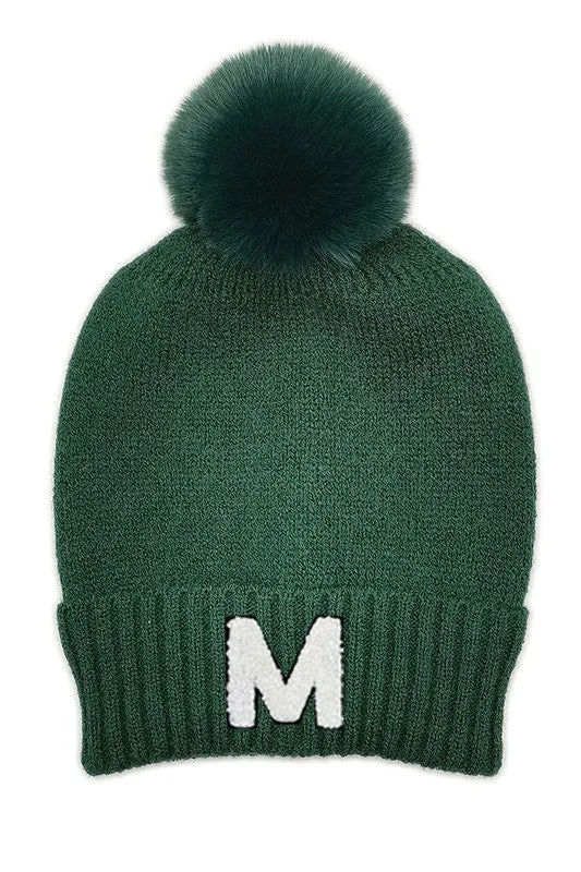 Letter M Chenille Patch Faux Fur Pom Knit Beanie