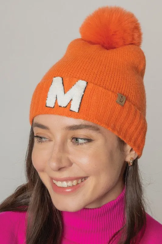 Letter M Chenille Patch Faux Fur Pom Knit Beanie