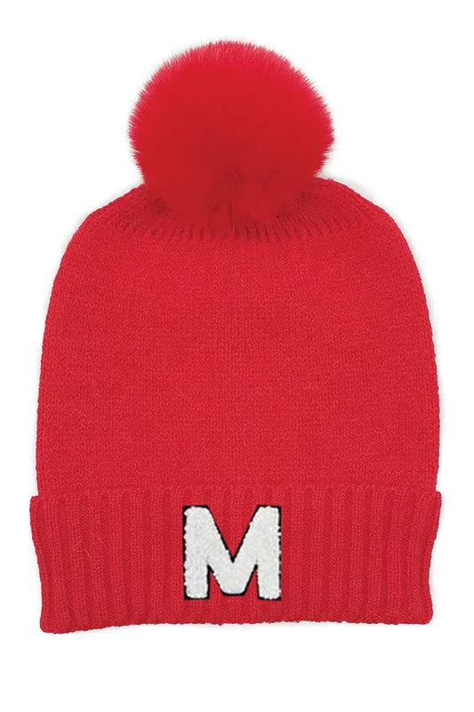 Letter M Chenille Patch Faux Fur Pom Knit Beanie