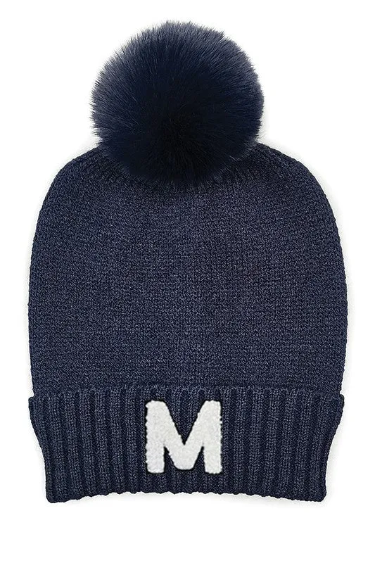 Letter M Chenille Patch Faux Fur Pom Knit Beanie