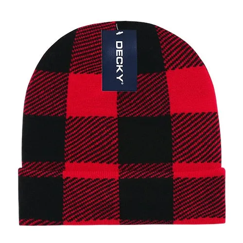 Lot of 12 Decky Buffalo Plaid Beanies Knit Caps Red Plaid Buffalo Check Bulk (with cuff)