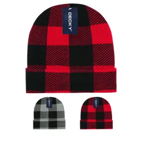 Lot of 12 Decky Buffalo Plaid Beanies Knit Caps Red Plaid Buffalo Check Bulk (with cuff)