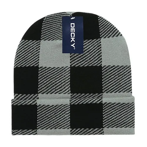 Lot of 12 Decky Buffalo Plaid Beanies Knit Caps Red Plaid Buffalo Check Bulk (with cuff)