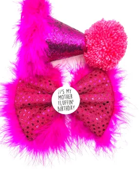 Mother Fluffin' Birthday hat and Badge Bow® Fluffy Set - Pink