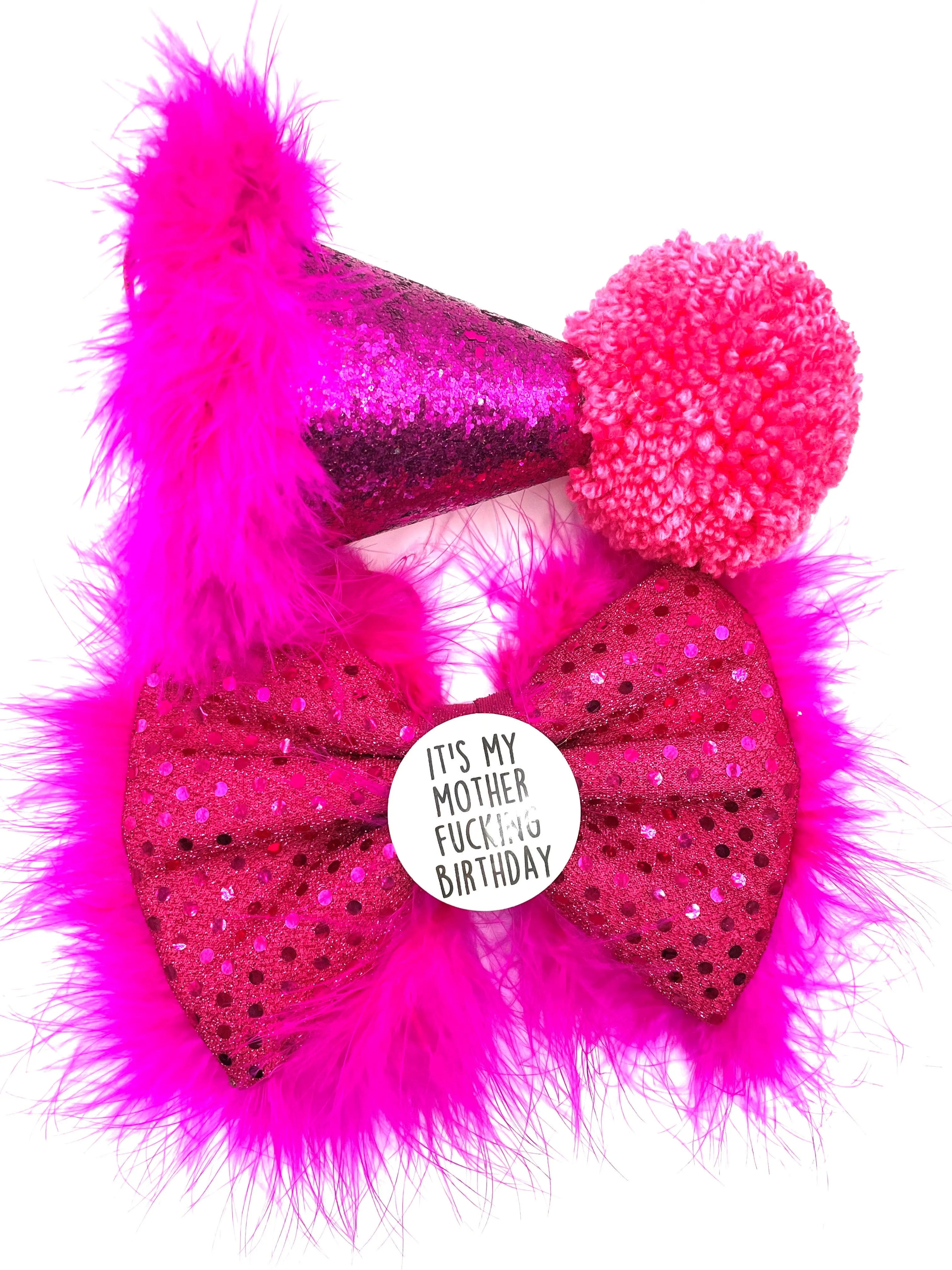 Mother Fluffin' Birthday hat and Badge Bow® Fluffy Set - Pink