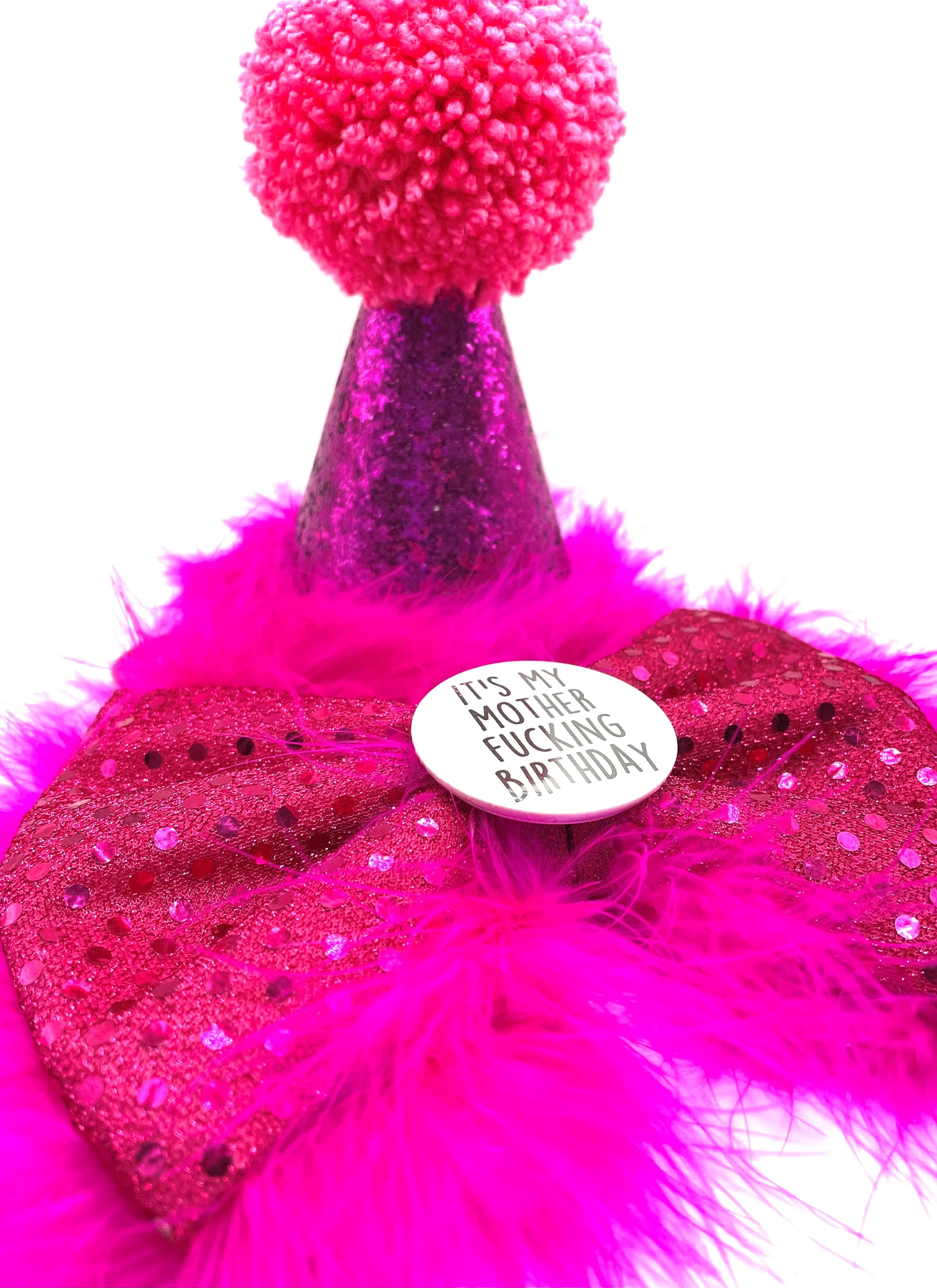 Mother Fluffin' Birthday hat and Badge Bow® Fluffy Set - Pink
