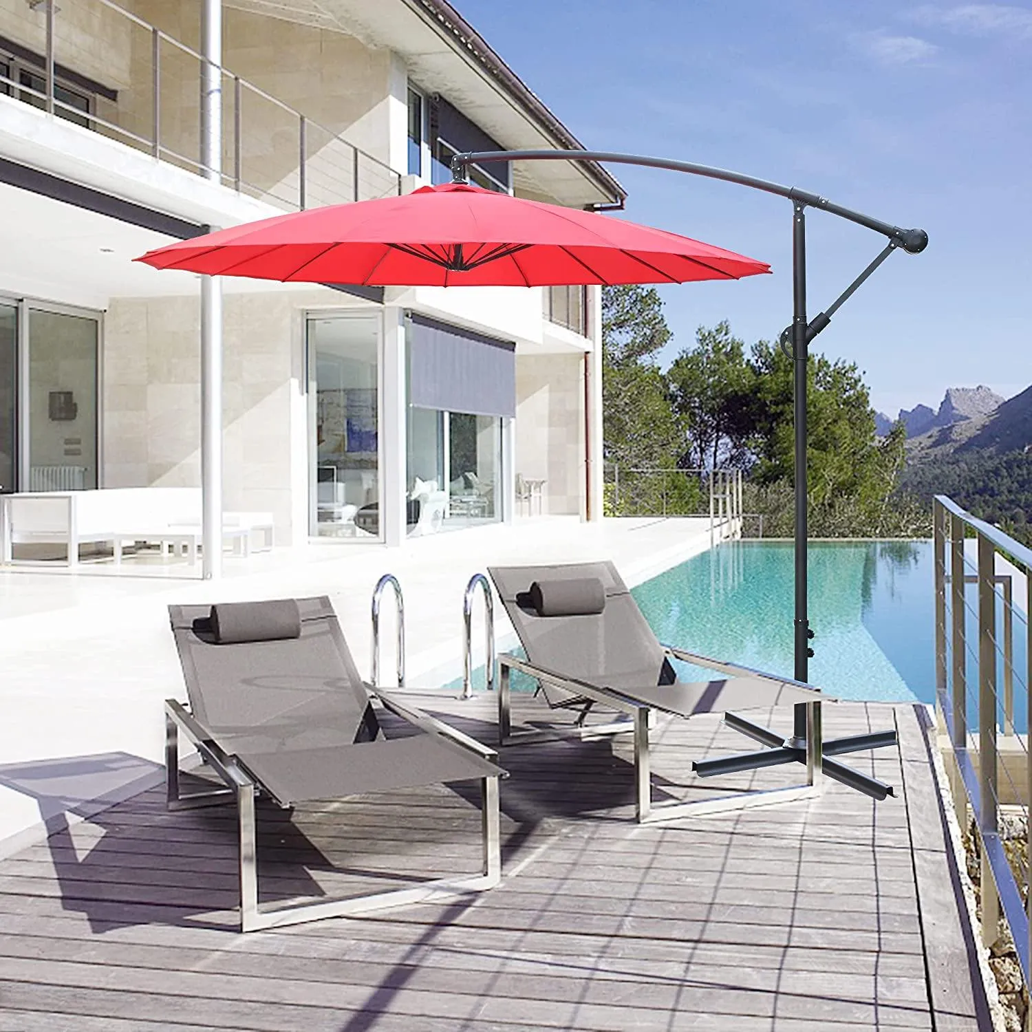 Offset Hanging Market Patio Umbrella w/Easy Tilt Adjustment for Backyard, Poolside, Lawn and Garden, Red