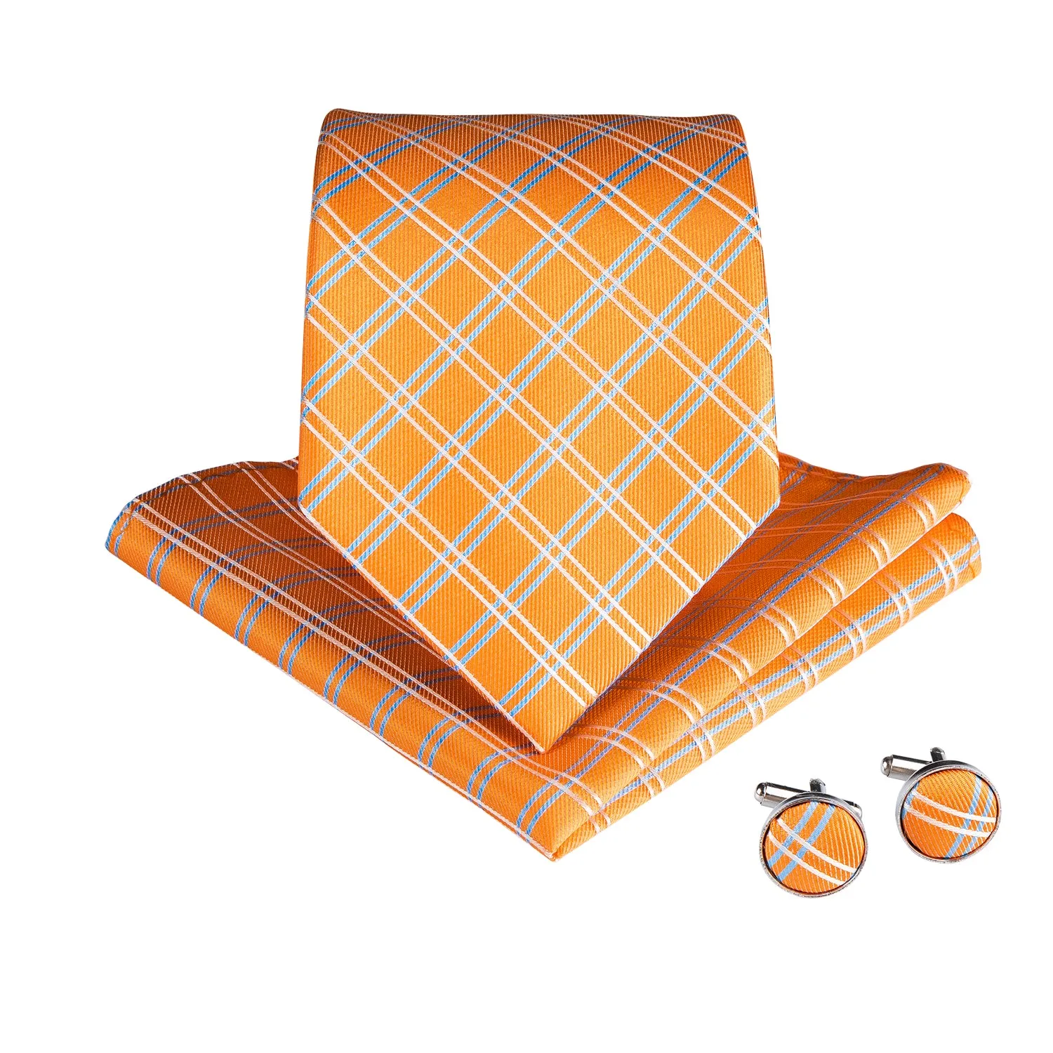 Organge Plaid Tie Pocket Square Cufflinks Set 8cm
