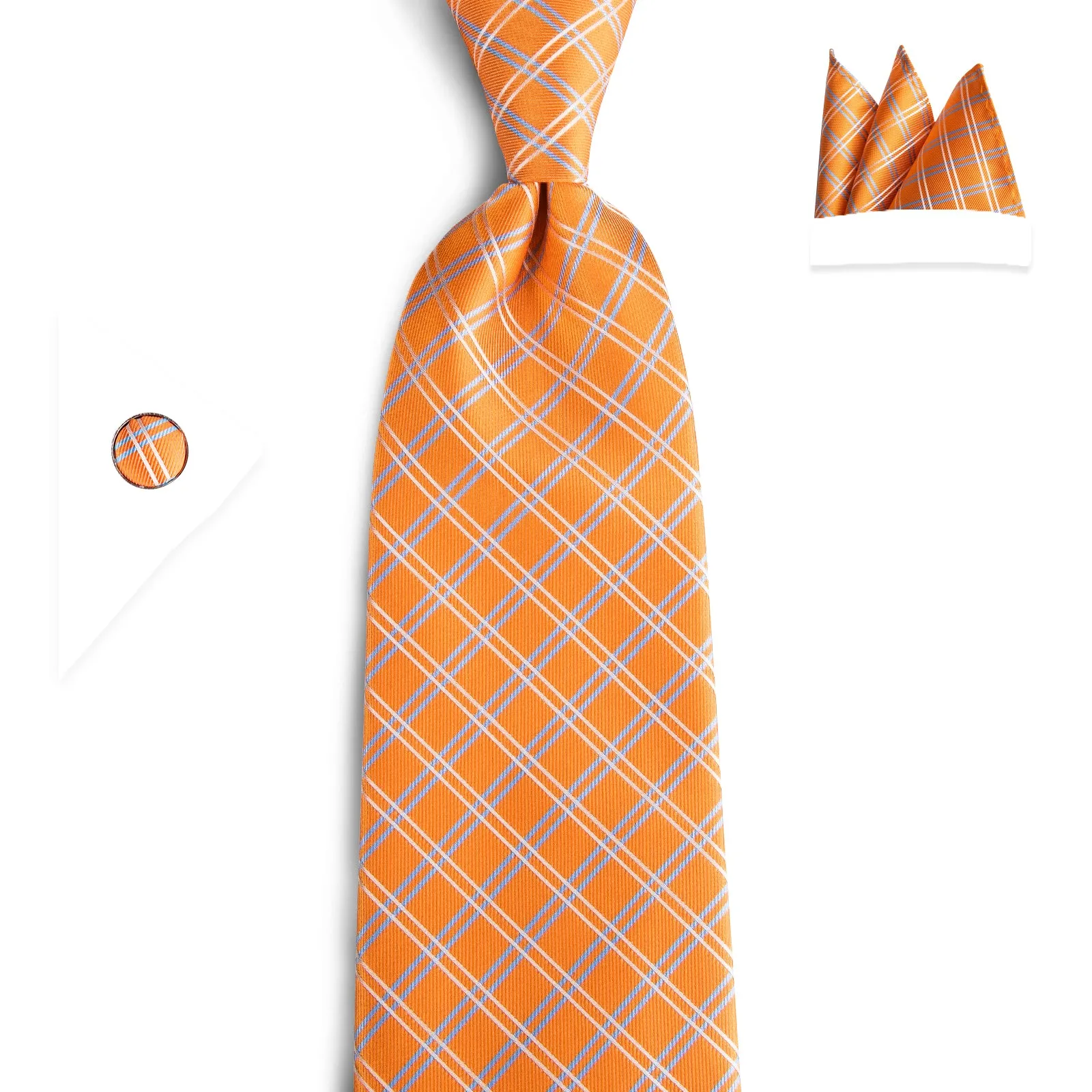 Organge Plaid Tie Pocket Square Cufflinks Set 8cm