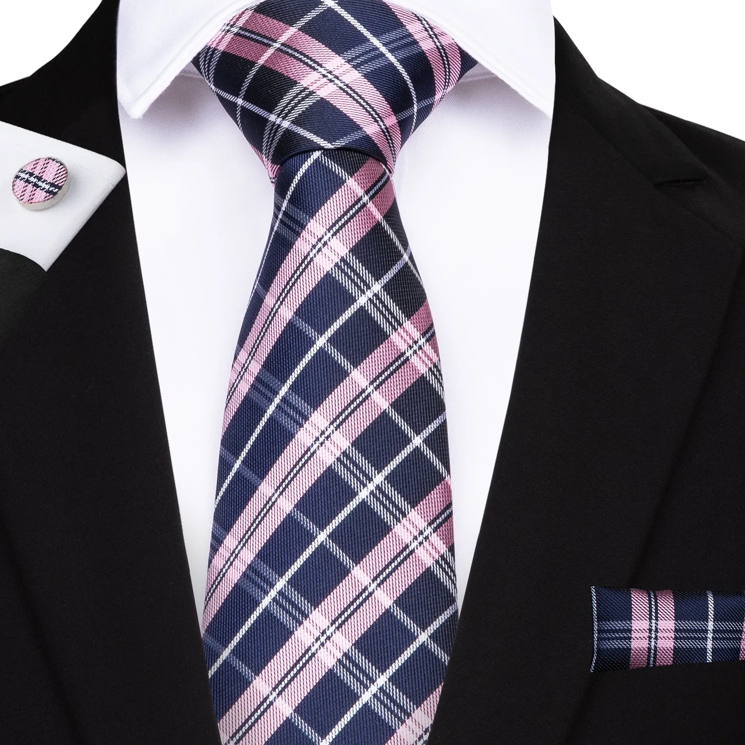 Pink Deep-blue Plaid Silk Fabric Tie Hanky Cufflinks Set 8cm