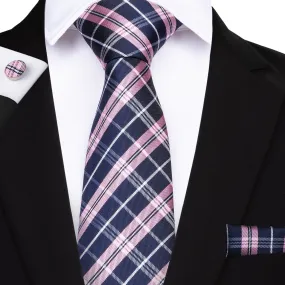 Pink Deep-blue Plaid Silk Fabric Tie Hanky Cufflinks Set 8cm