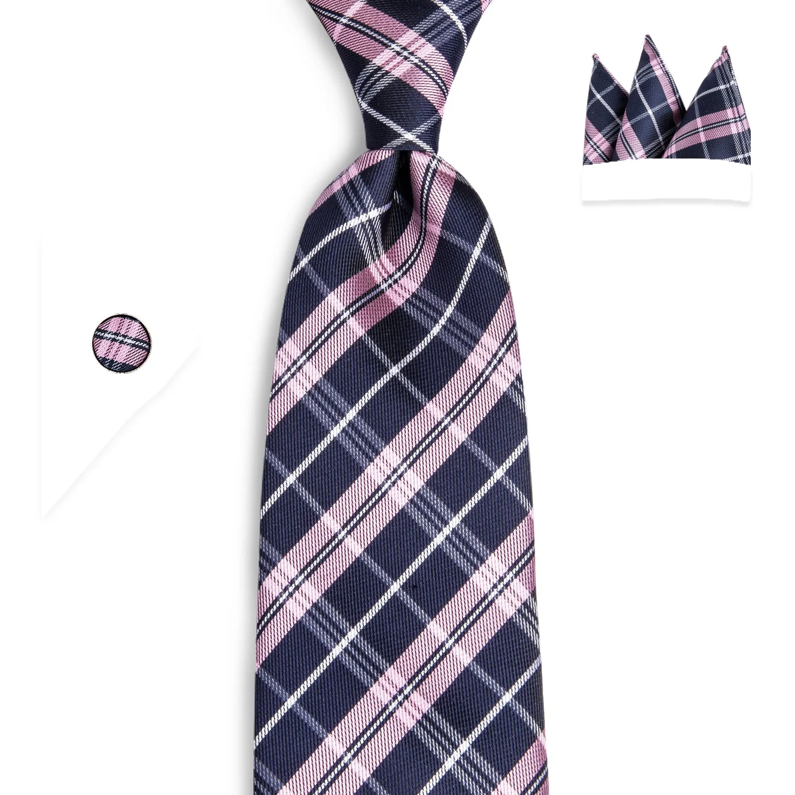 Pink Deep-blue Plaid Silk Fabric Tie Hanky Cufflinks Set 8cm