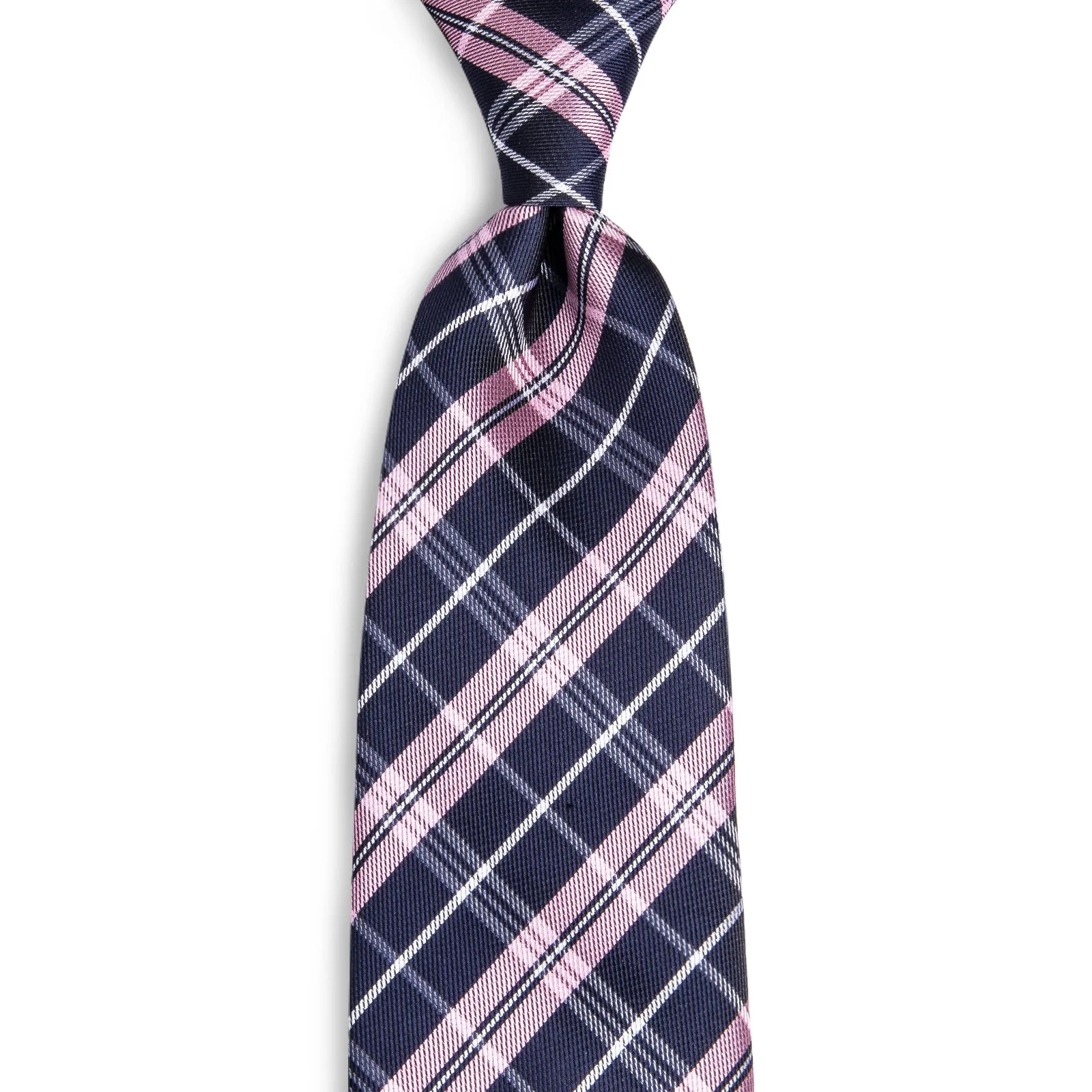 Pink Deep-blue Plaid Silk Fabric Tie Hanky Cufflinks Set 8cm