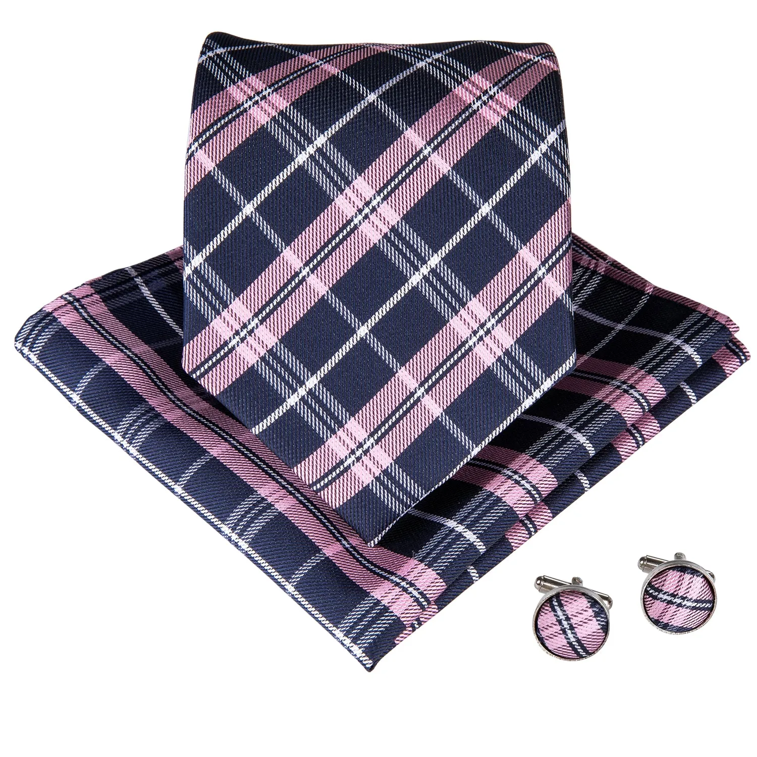 Pink Deep-blue Plaid Silk Fabric Tie Hanky Cufflinks Set 8cm