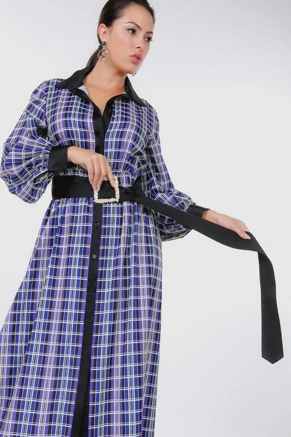 Plaid in Blue Belted Maxi Dress