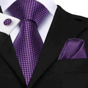 Purple Plaid Men's 63 Inches Extra Long Necktie Pocket Square Cufflinks Set