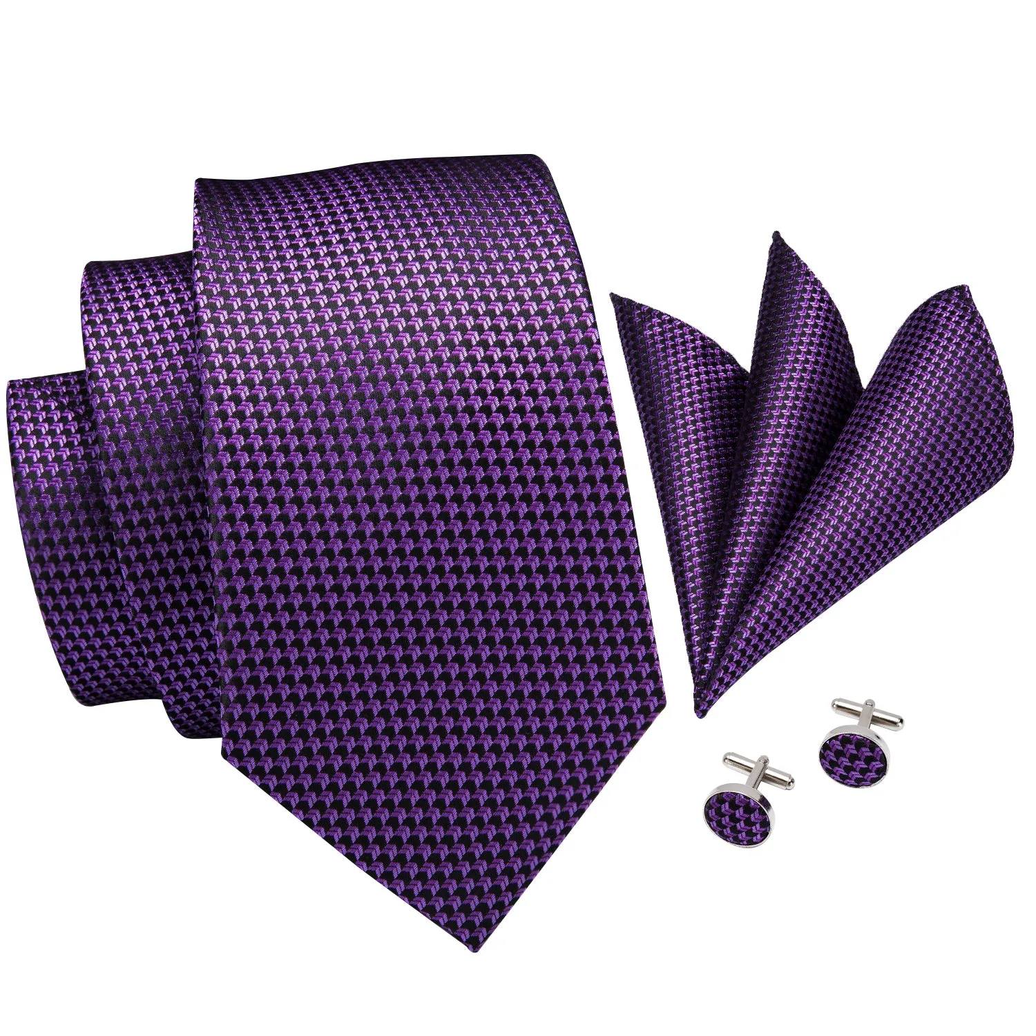 Purple Plaid Men's 63 Inches Extra Long Necktie Pocket Square Cufflinks Set