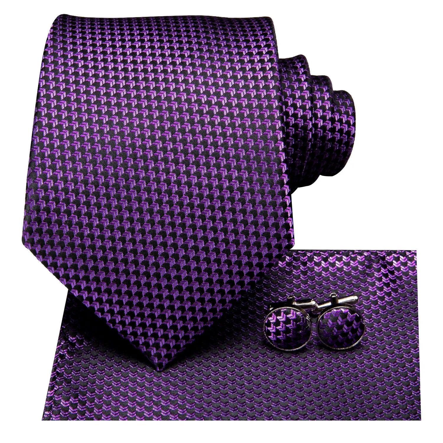 Purple Plaid Men's 63 Inches Extra Long Necktie Pocket Square Cufflinks Set