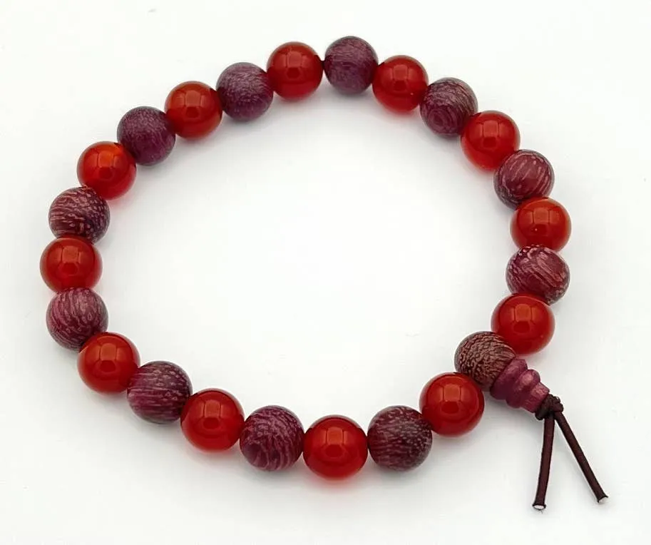 Purpleheart Wood & Carnelian Beaded Bracelet - Wrist Mala - 8mm