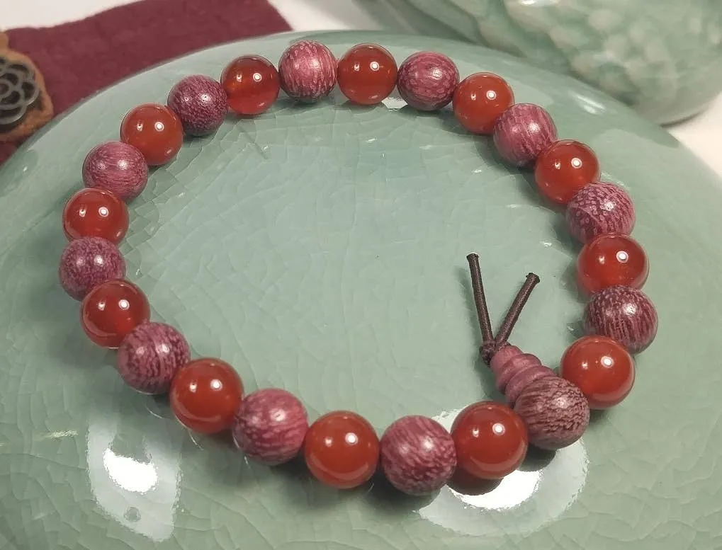 Purpleheart Wood & Carnelian Beaded Bracelet - Wrist Mala - 8mm