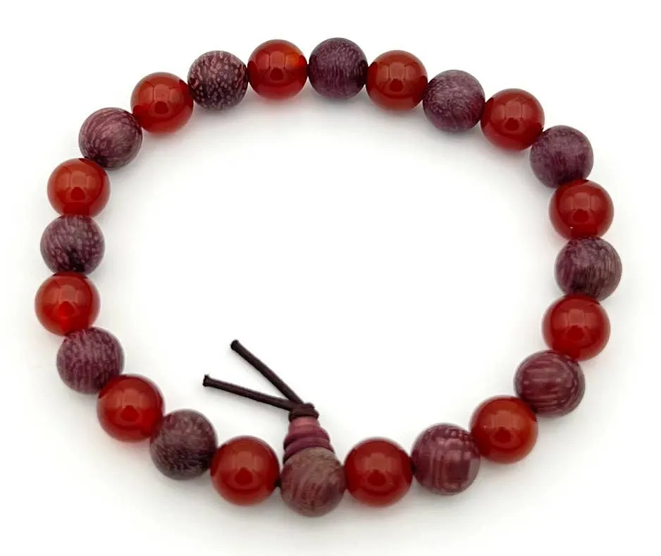 Purpleheart Wood & Carnelian Beaded Bracelet - Wrist Mala - 8mm