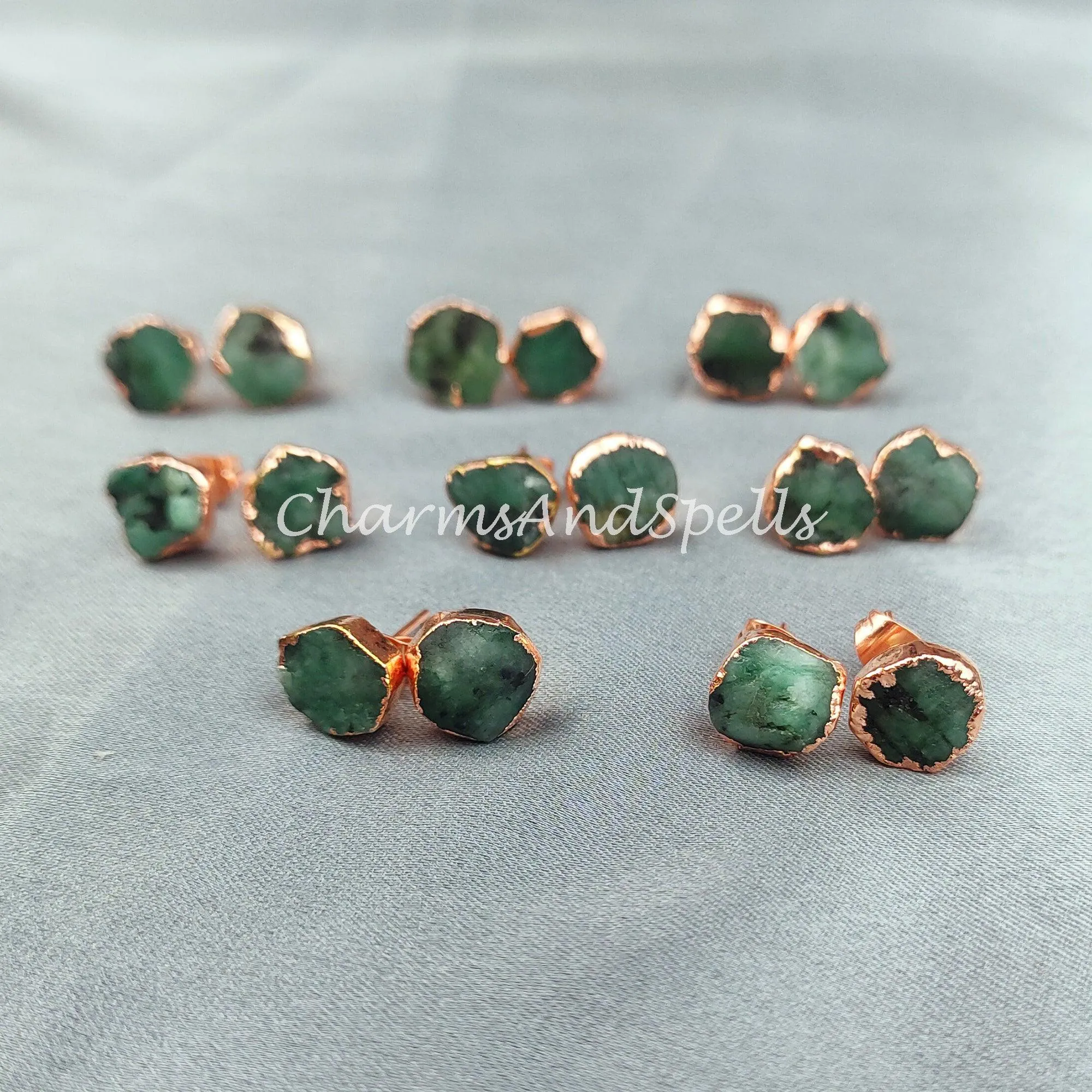 Raw Emerald Electroplated Stud Earrings, Copper Jewelry, Emerald Jewelry, Gemstone Earrings, Stud Earrings