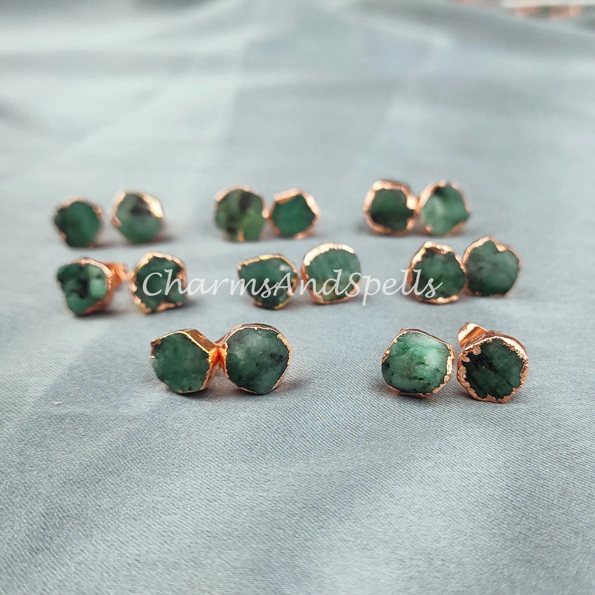 Raw Emerald Electroplated Stud Earrings, Copper Jewelry, Emerald Jewelry, Gemstone Earrings, Stud Earrings