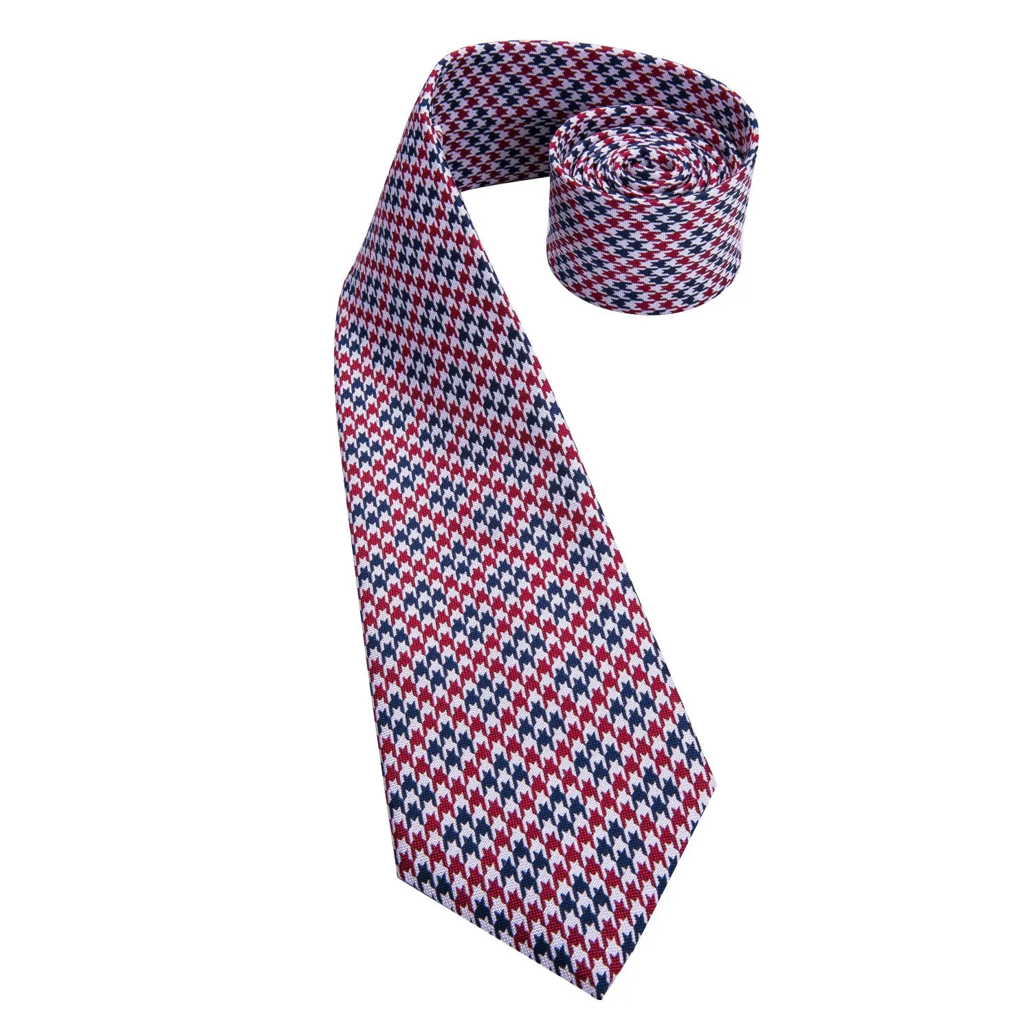 Red Blue Houndstooth Plaid Men's Tie Hanky Cufflinks Set with Collar Pin