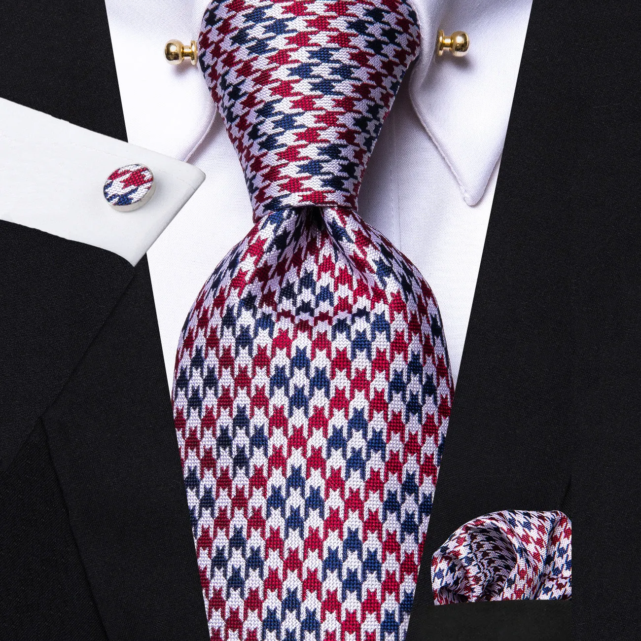 Red Blue Houndstooth Plaid Men's Tie Hanky Cufflinks Set with Collar Pin