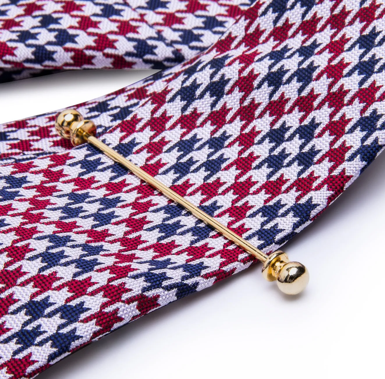 Red Blue Houndstooth Plaid Men's Tie Hanky Cufflinks Set with Collar Pin