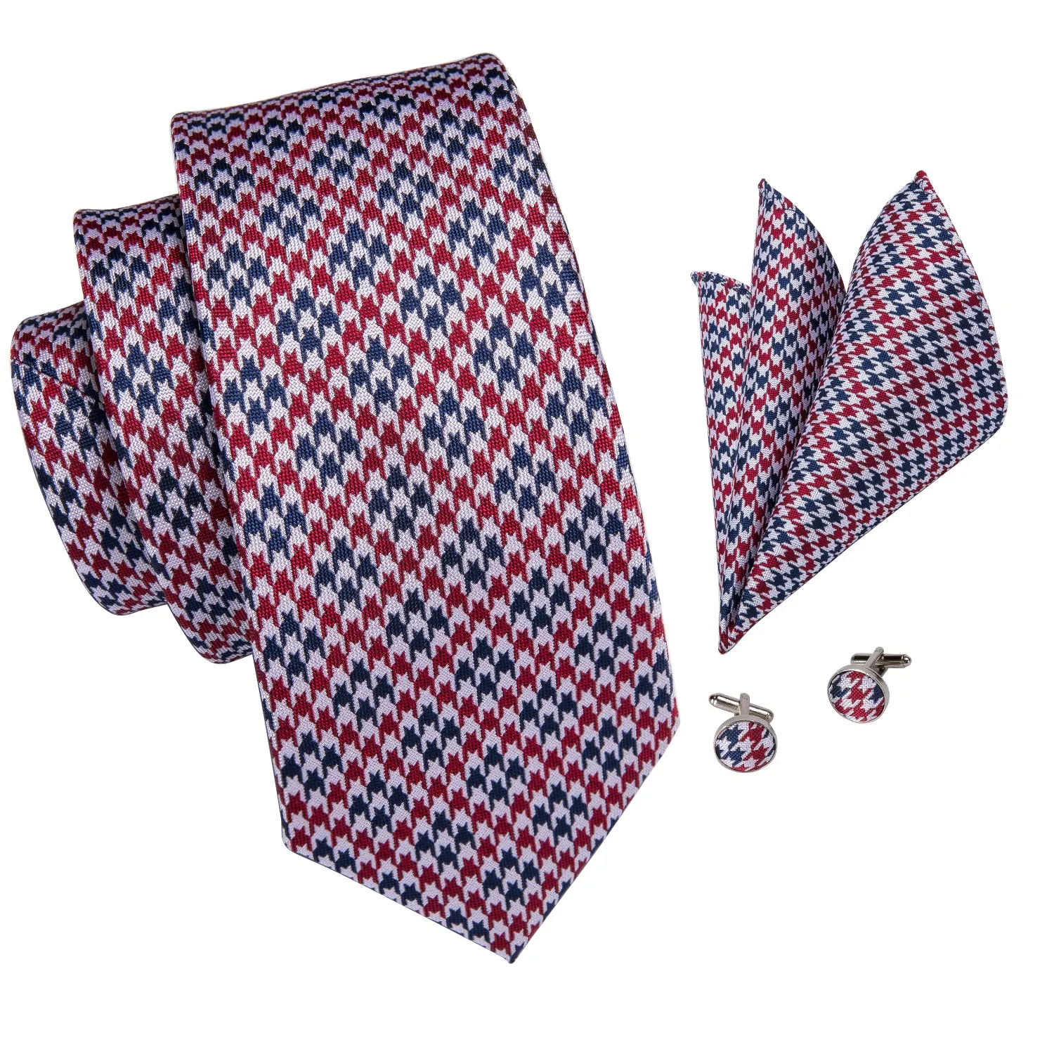 Red Blue Houndstooth Plaid Men's Tie Hanky Cufflinks Set with Collar Pin