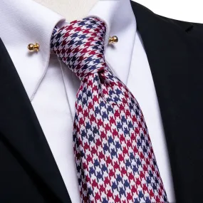 Red Blue Houndstooth Plaid Men's Tie Hanky Cufflinks Set with Collar Pin