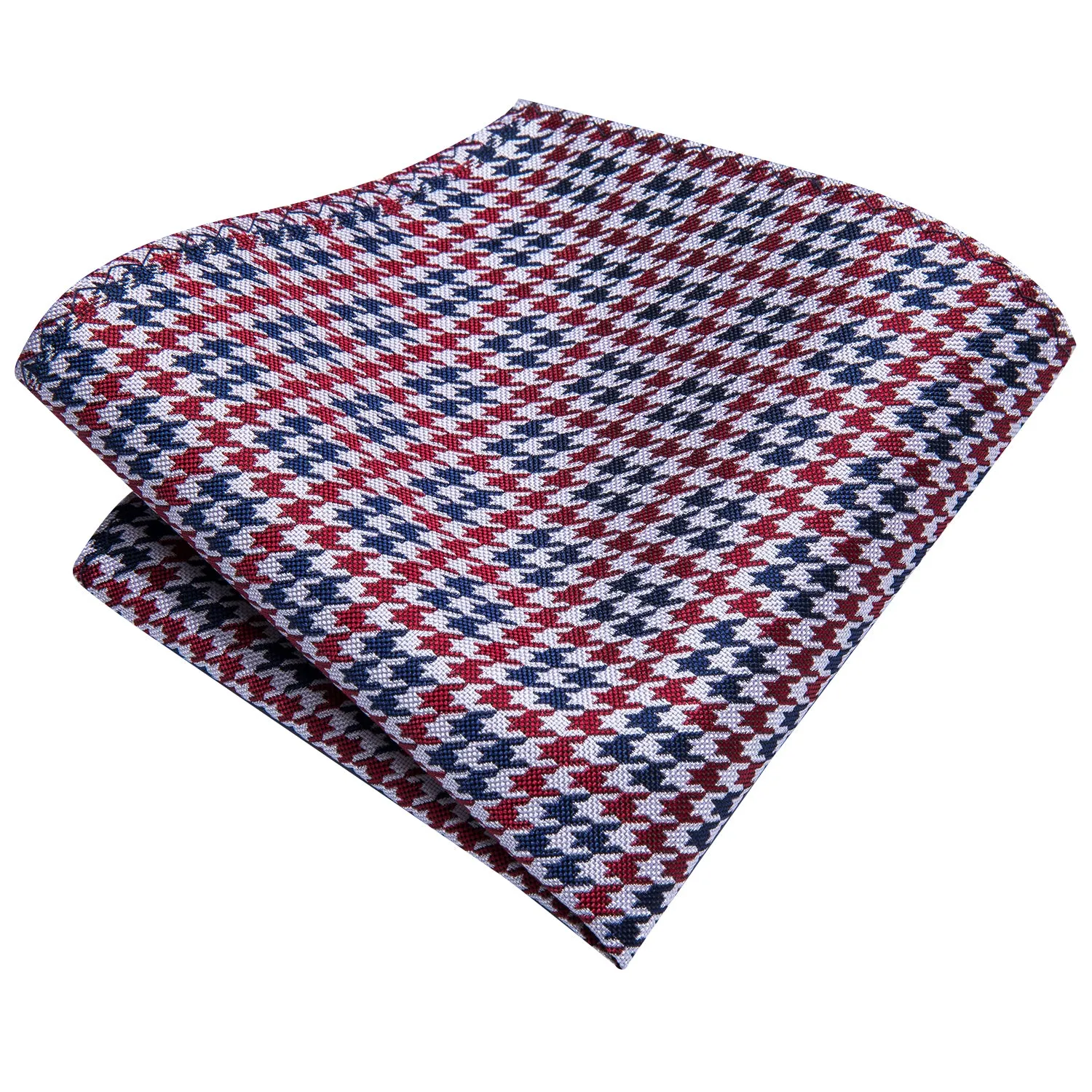 Red Blue Houndstooth Plaid Men's Tie Hanky Cufflinks Set with Collar Pin