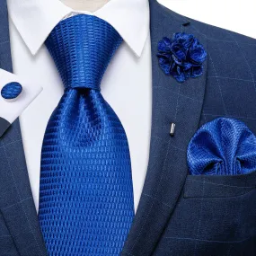 Sapphire Blue Plaid Tie Pocket Square Cufflinks Set with Lapel Pin