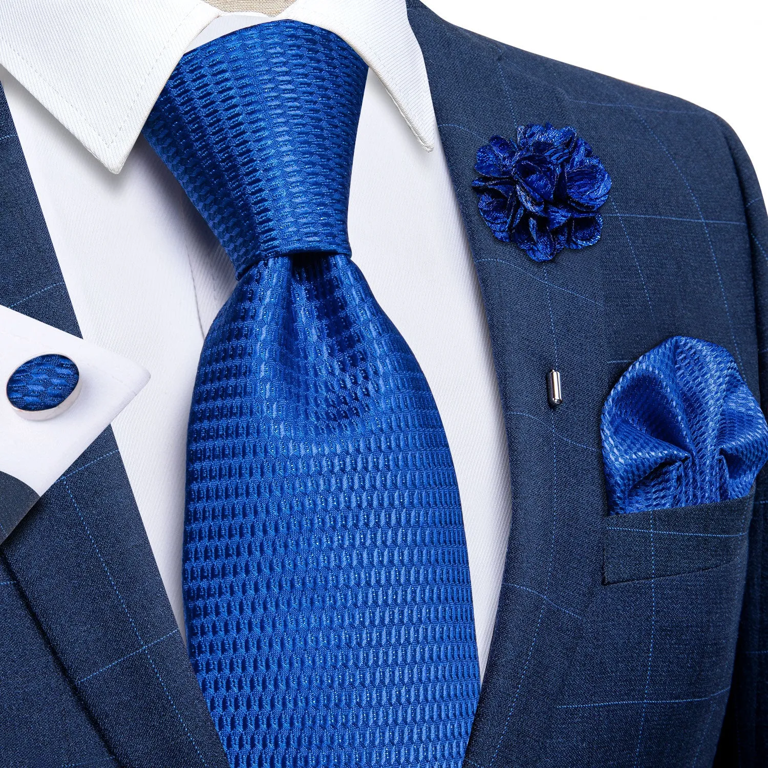 Sapphire Blue Plaid Tie Pocket Square Cufflinks Set with Lapel Pin