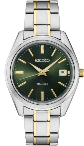 SEIKO Men's Titanium Two-Tone Green Dial Watch SUR377