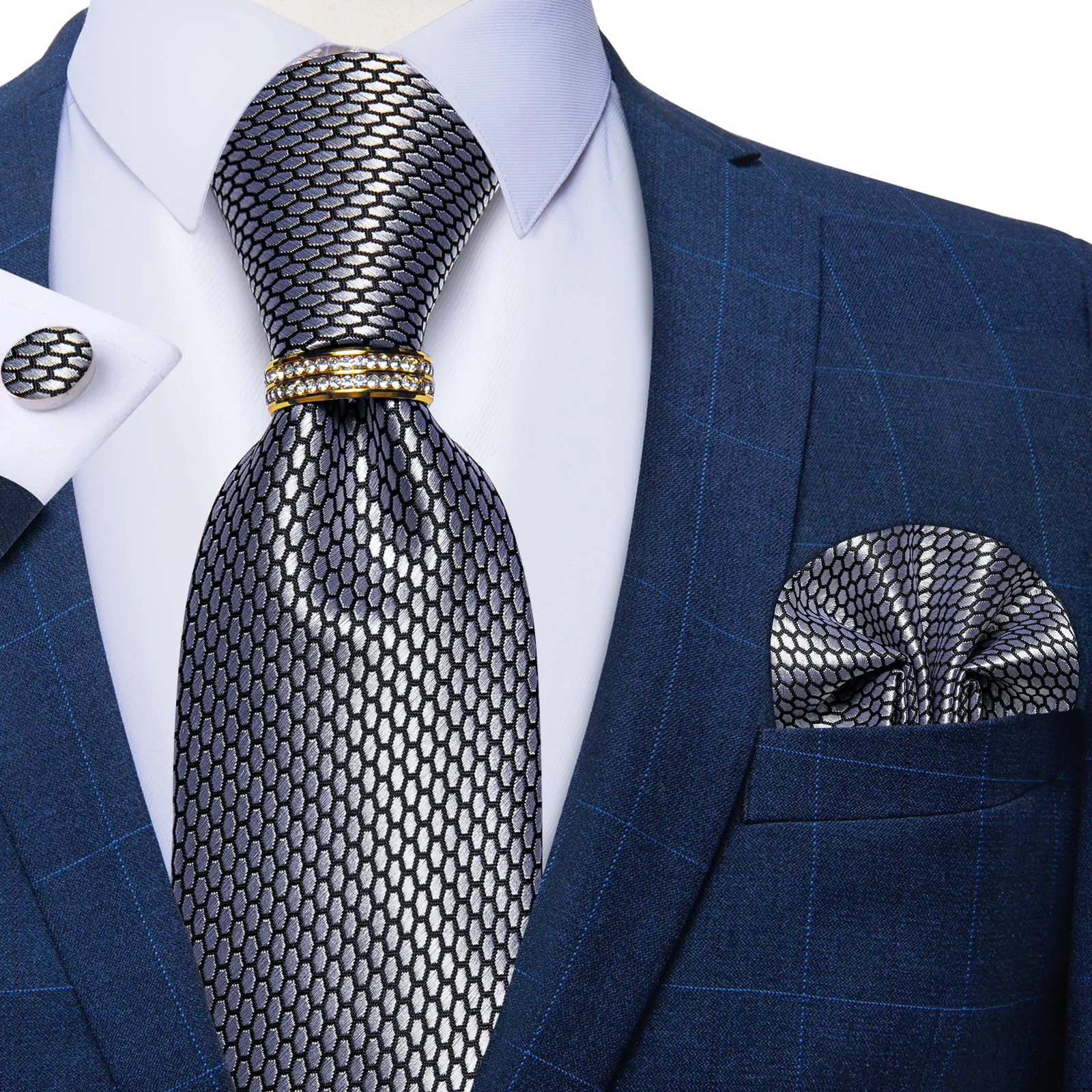 Silver Gray Plaid Tie Ring Pocket Square Cufflinks Set
